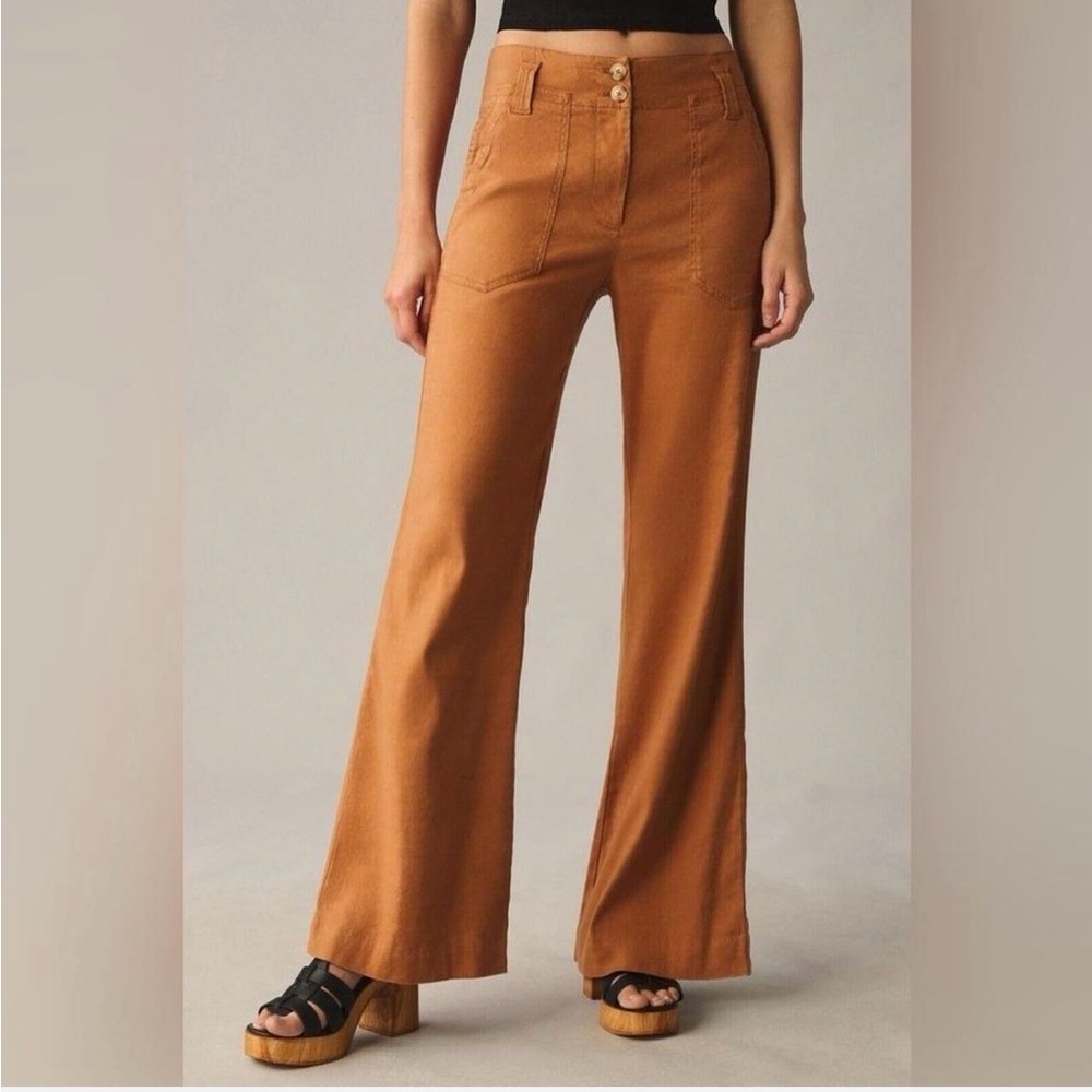 Maeve Anthropologie Camel Tan High Rise Flare Wide Leg Trouser size 10.